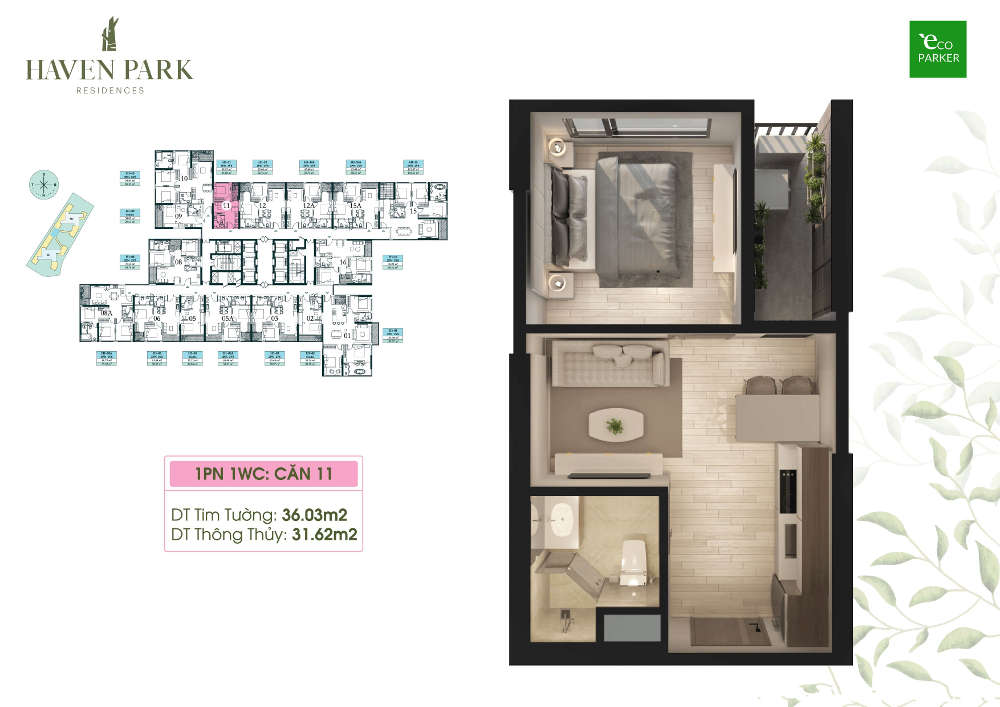 Mặt bằng căn hộ chung cư Haven Park - 1PN 31m2