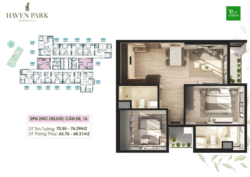Mặt bằng căn hộ chung cư Haven Park - 2PN 68m2
