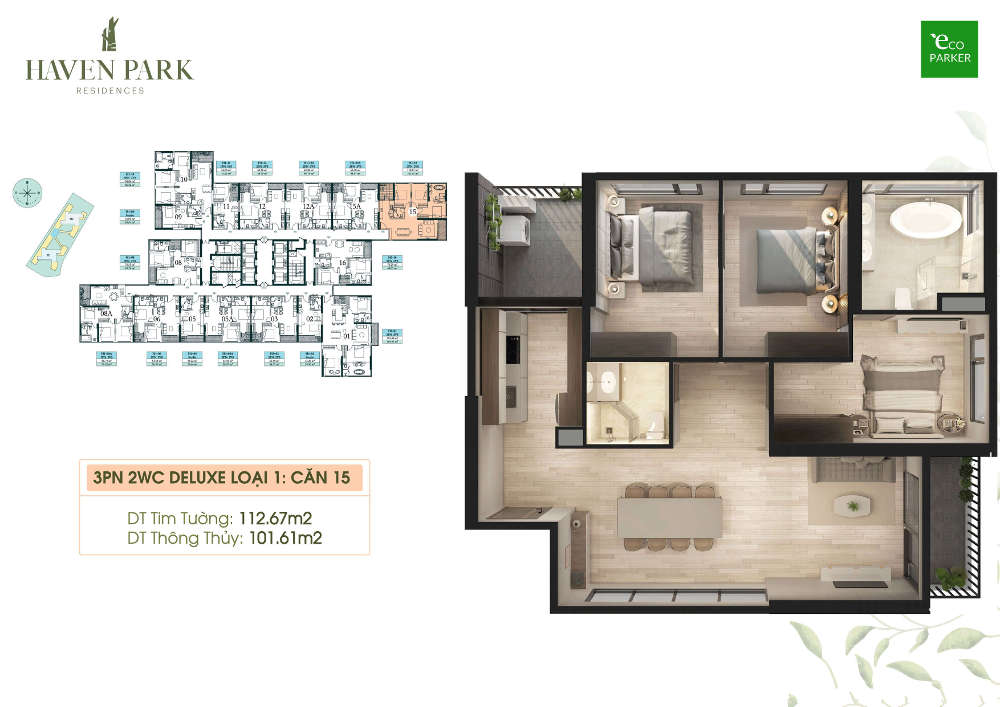 Mặt bằng căn hộ chung cư Haven Park - 3PN 101m2