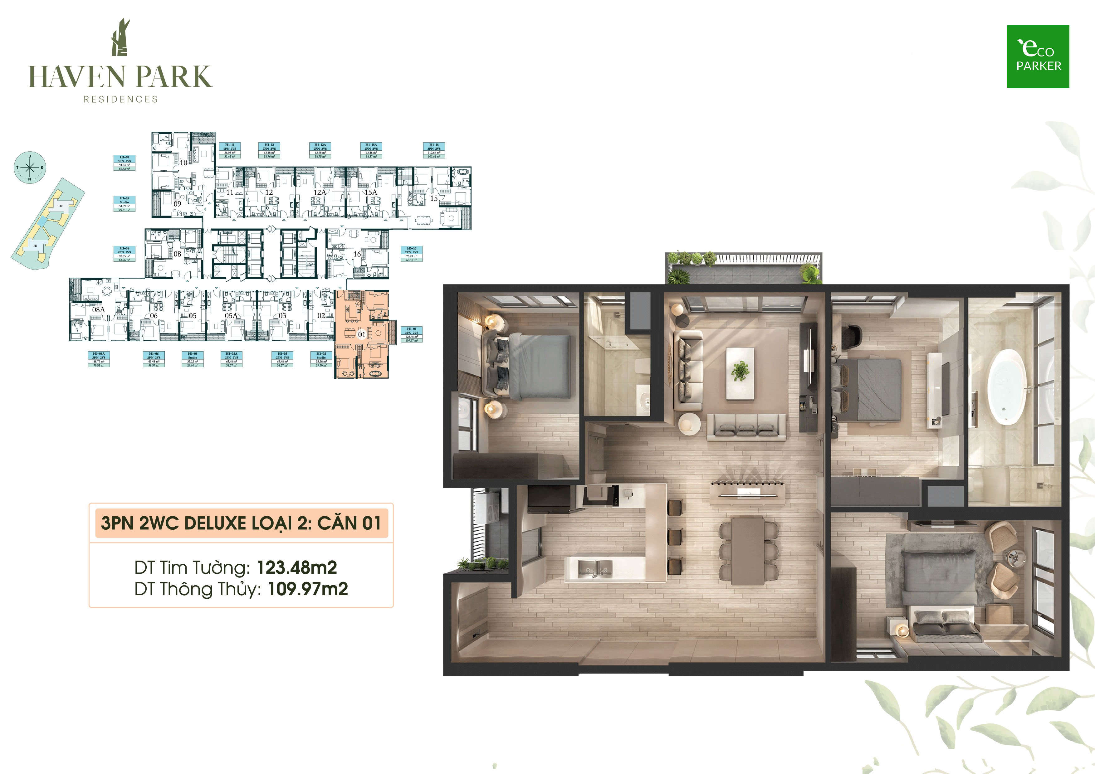 Mặt bằng căn hộ chung cư Haven Park - 3PN 109m2