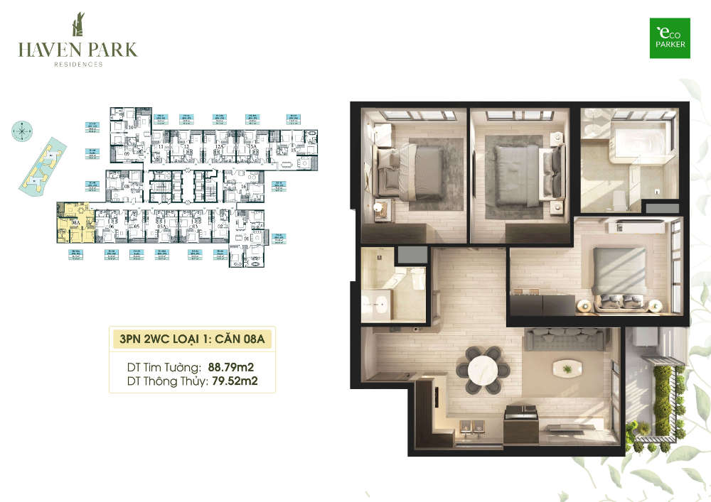 Mặt bằng căn hộ chung cư Haven Park - 3PN 79m2