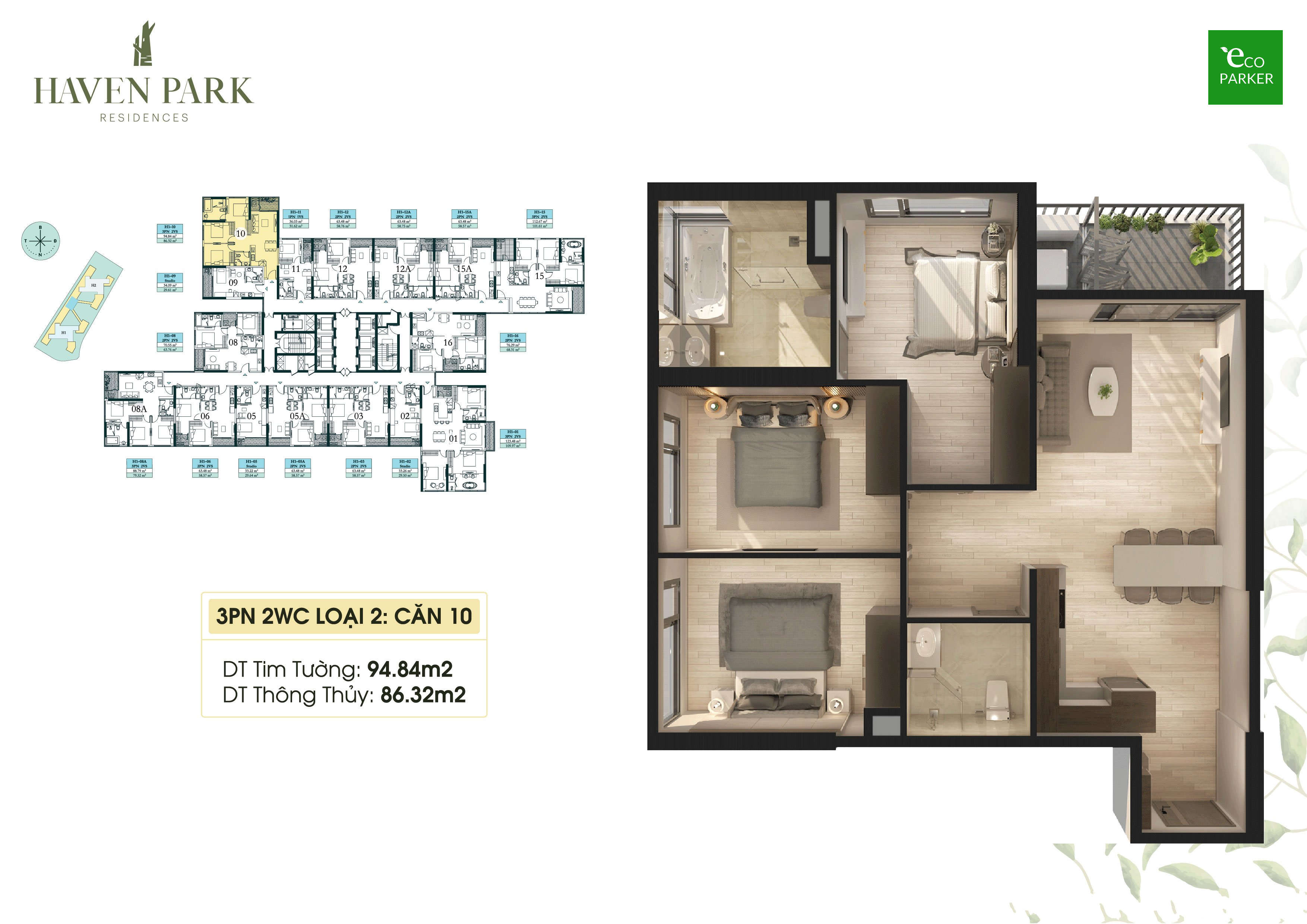 Mặt bằng căn hộ chung cư Haven Park - 3PN 86m2