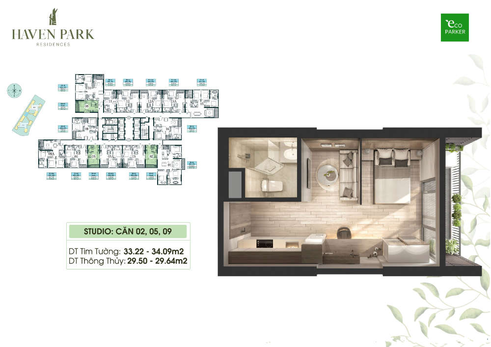 Mặt bằng căn hộ chung cư Haven Park - Studio 29m2