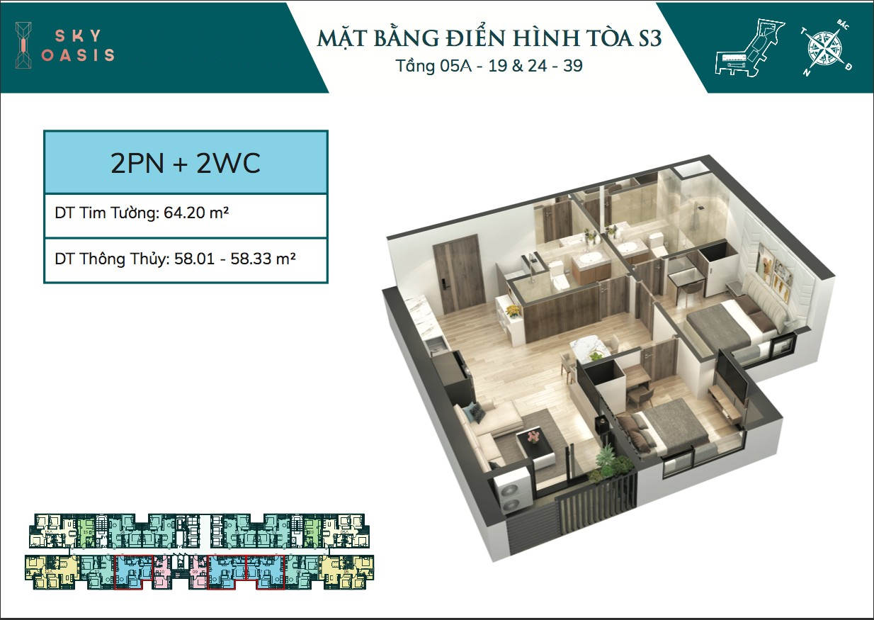 Mặt bằng căn hộ chung cư Sky Oasis S3 - 2PN 2VS 58m2