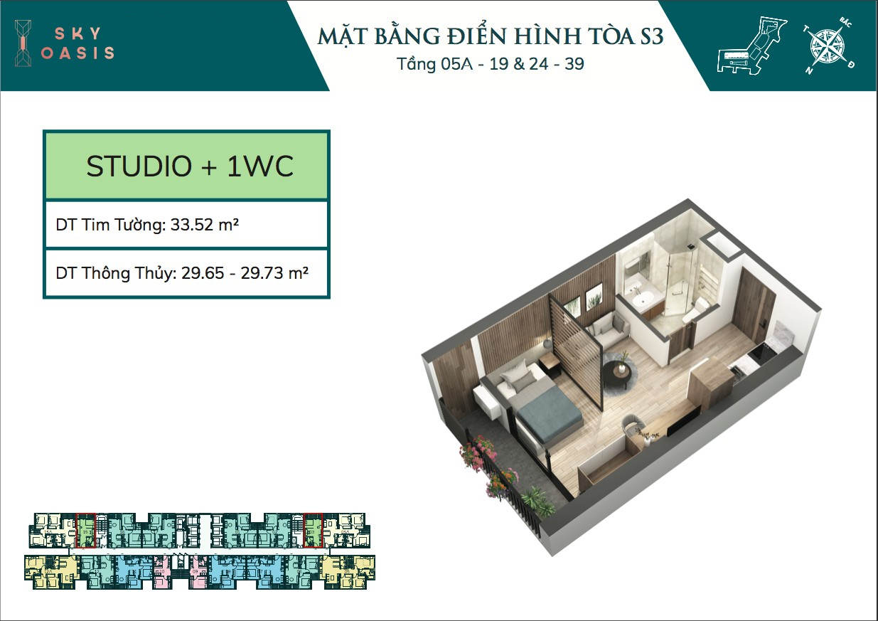 Mặt bằng căn hộ chung cư Sky Oasis S3 - Studio 30m2