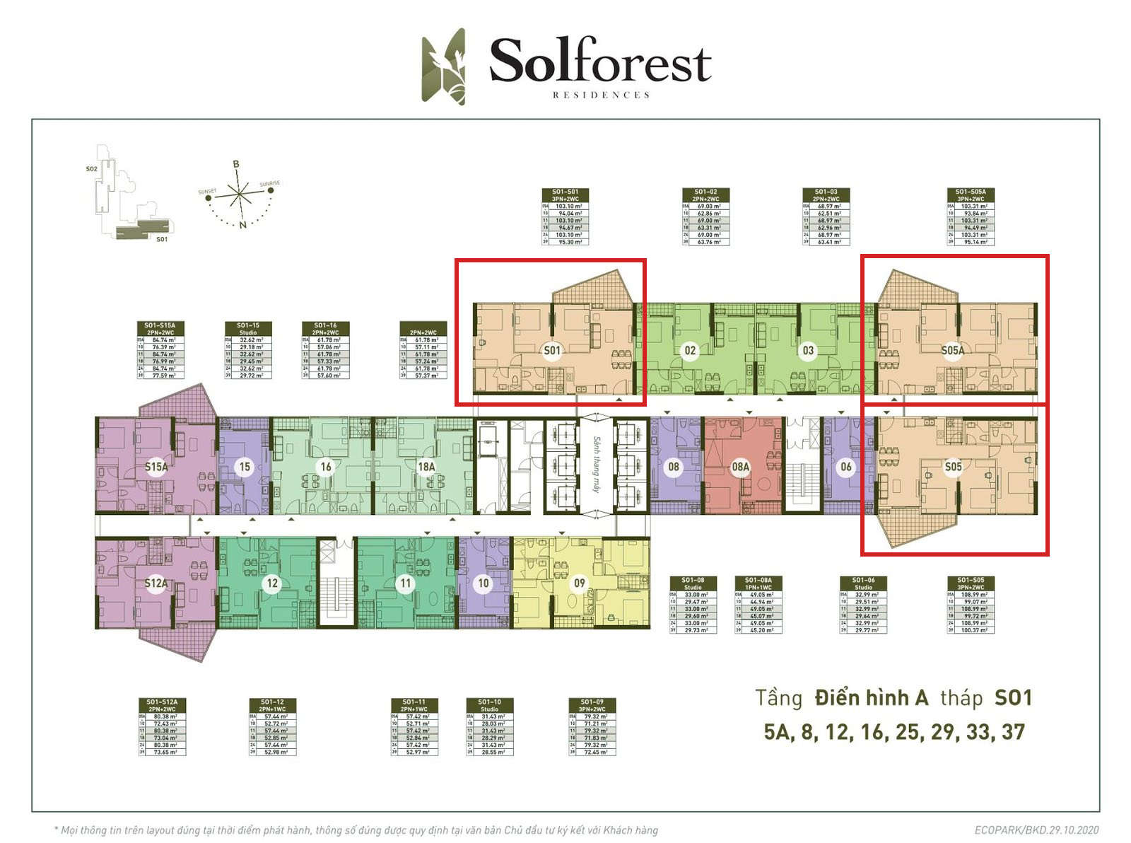 Vị trí căn 3PN 2VS sân vườn Solforest 94-100m2 tòa S01