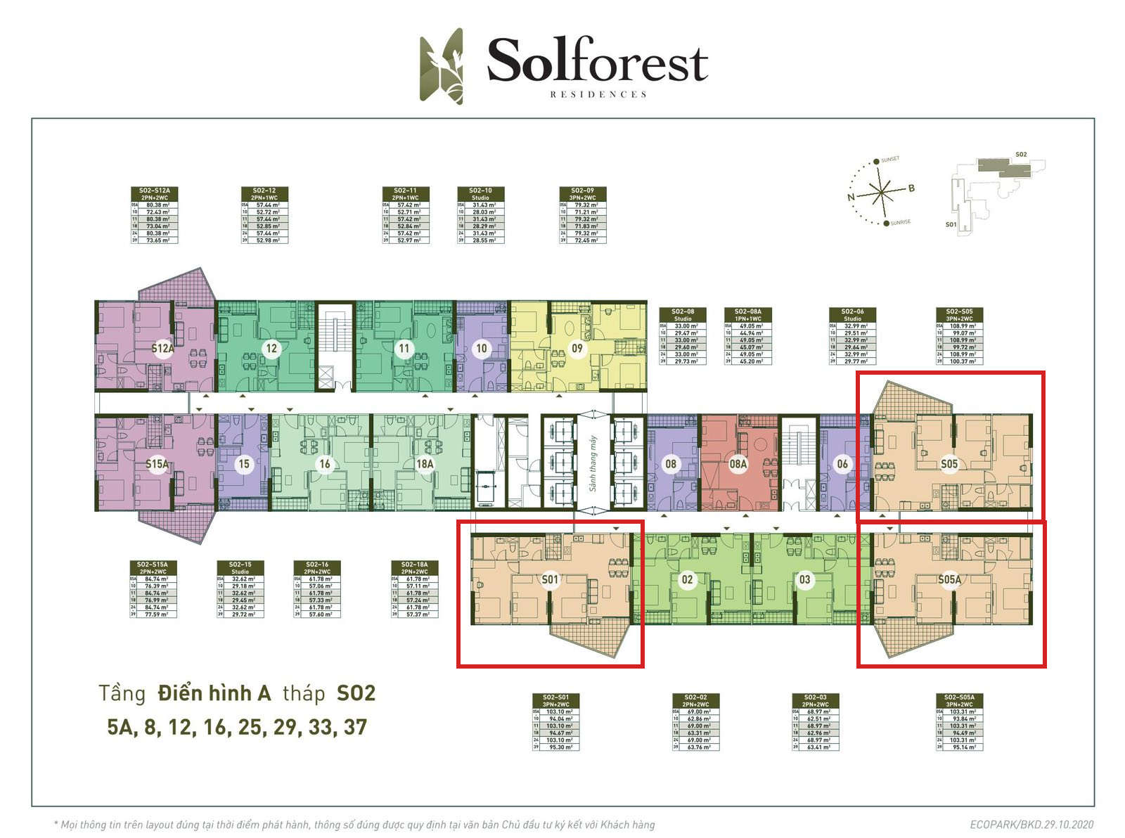 Vị trí căn 3PN 2VS sân vườn Solforest 94-100m2 tòa S02