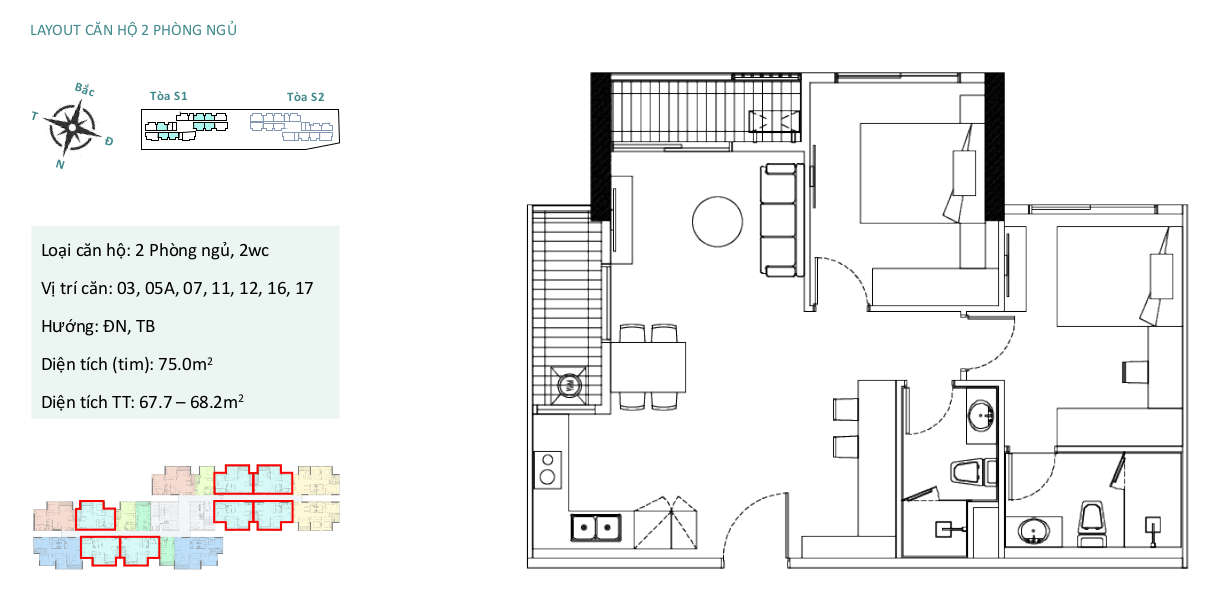 Mặt bằng căn hộ chung cư Sky Oasis Ecopark - 2PN 68m2