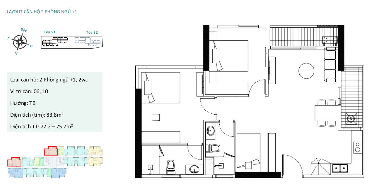Mặt bằng căn hộ chung cư Sky Oasis Ecopark - 2PN+1 76m2