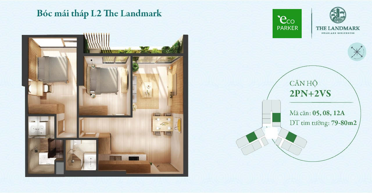 Mặt bằng căn hộ 2 phòng ngủ 80m2 - Landmark Onsen Ecopark
