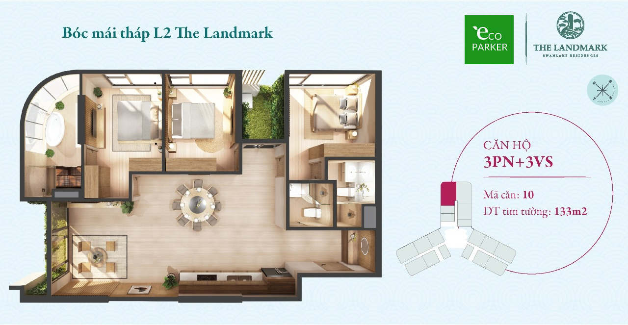 Mặt bằng căn hộ 3 phòng ngủ 133m2 - Landmark Onsen Ecopark