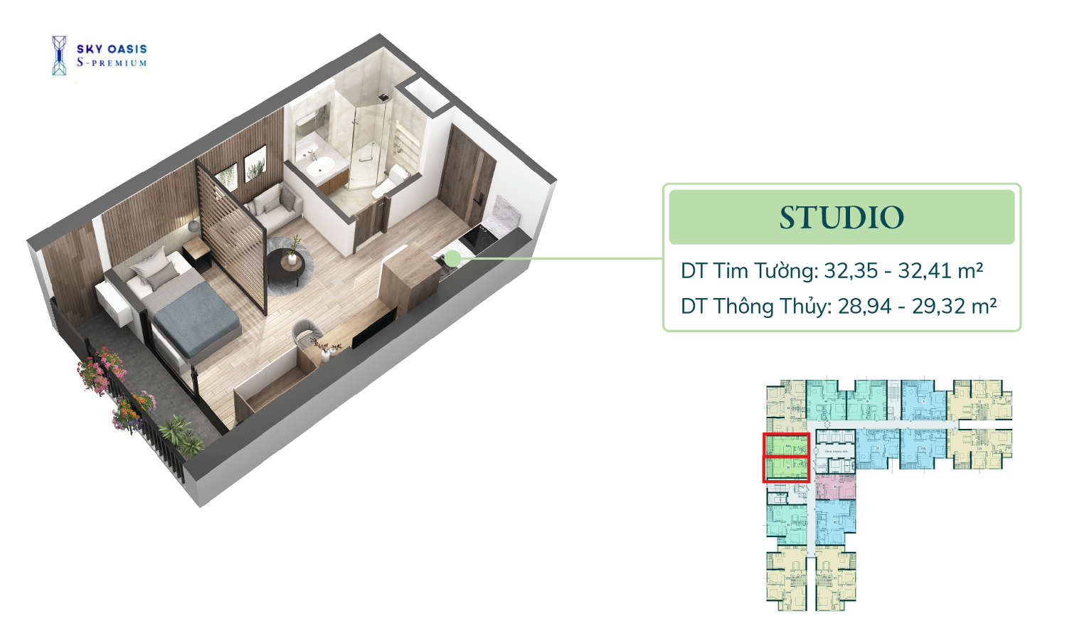 Mặt bằng căn hộ chung cư Sky Oasis S-Premium - Studio 30m2