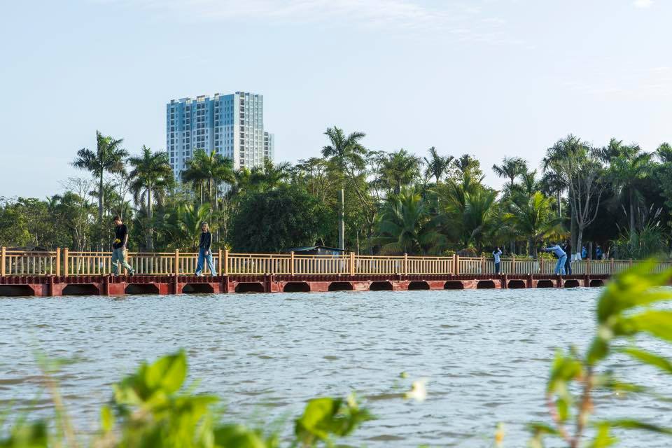 Cầu phao bắc qua Hồ Thiên Nga Ecopark