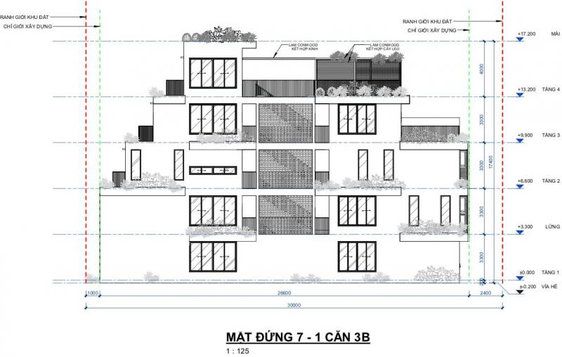 Mặt cắt xây dựng nhà phố vườn Haven Park - căn đầu hồi mẫu 1