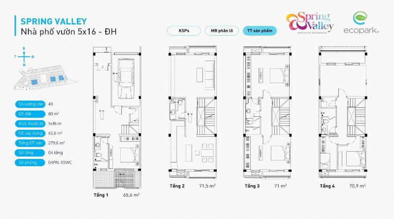 Mặt bằng nhà phố điển hình 80m2 - Spring Valley Ecopark